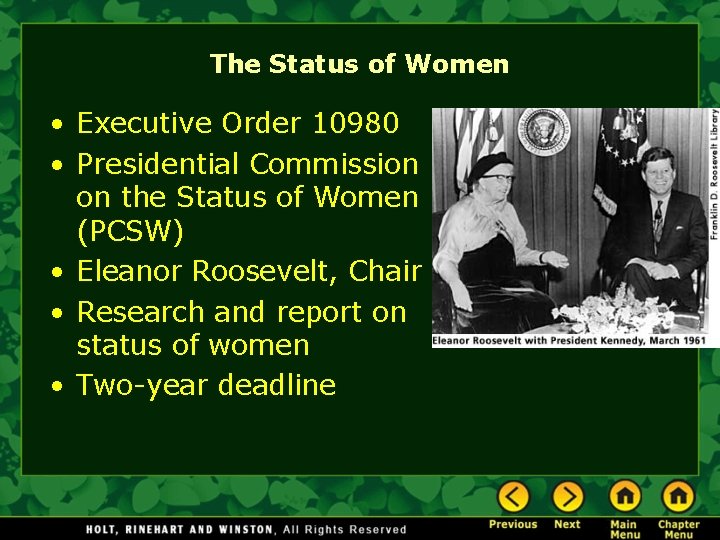 The Status of Women • Executive Order 10980 • Presidential Commission on the Status