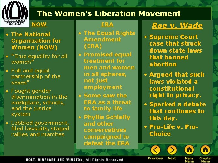 The Women’s Liberation Movement NOW ERA • The National Organization for Women (NOW) •