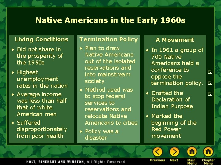 Native Americans in the Early 1960 s Living Conditions Termination Policy • Did not