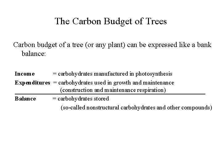 The Carbon Budget of Trees Carbon budget of a tree (or any plant) can