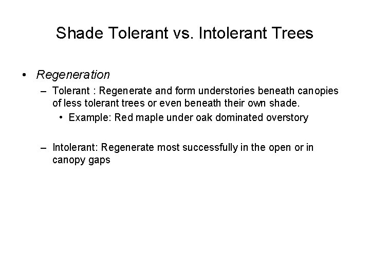 Shade Tolerant vs. Intolerant Trees • Regeneration – Tolerant : Regenerate and form understories