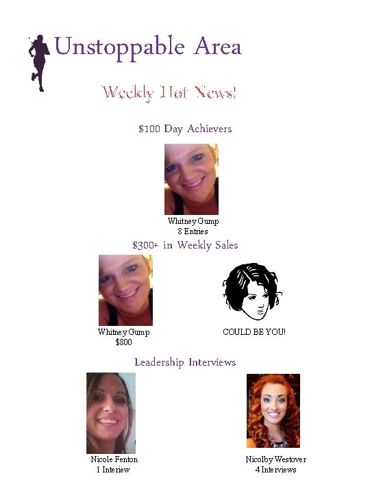 Unstoppable Area Weekly Hot News! $100 Day Achievers Whitney Gump 8 Entries $300+ in