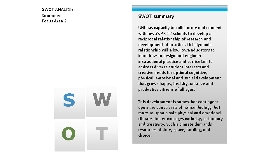 SWOT ANALYSIS Summary Focus Area 2 SWOT summary S W O T UNI has