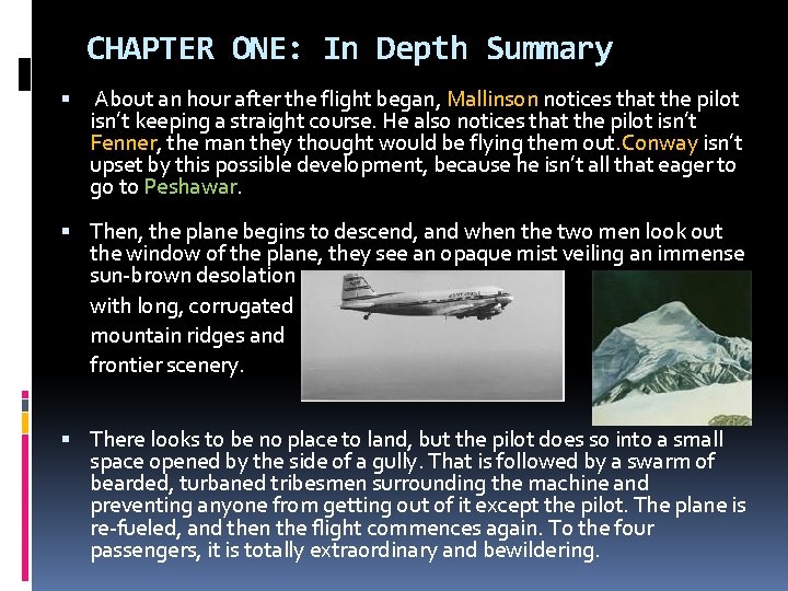 CHAPTER ONE: In Depth Summary About an hour after the flight began, Mallinson notices