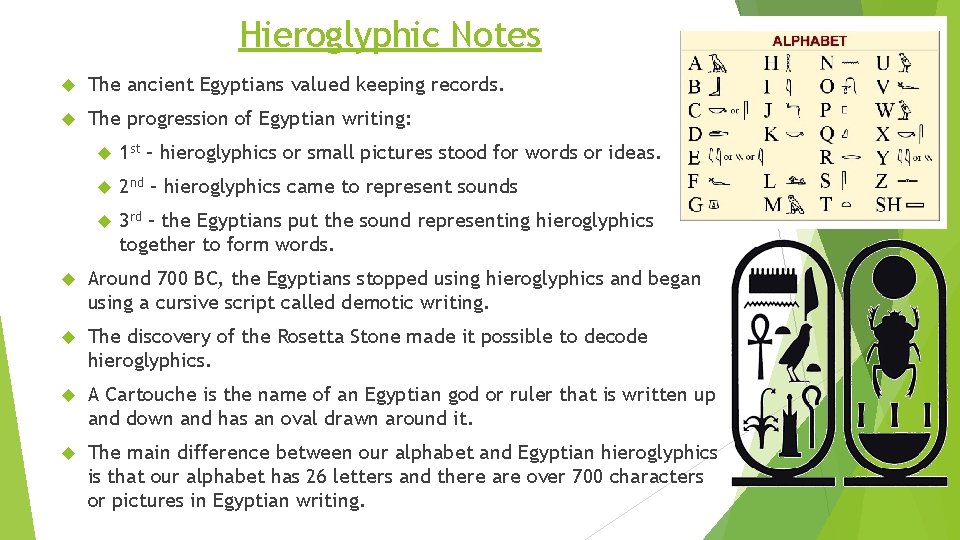 Hieroglyphic Notes The ancient Egyptians valued keeping records. The progression of Egyptian writing: 1 Hieroglyphic Notes The ancient Egyptians valued keeping records. The progression of Egyptian writing: 1