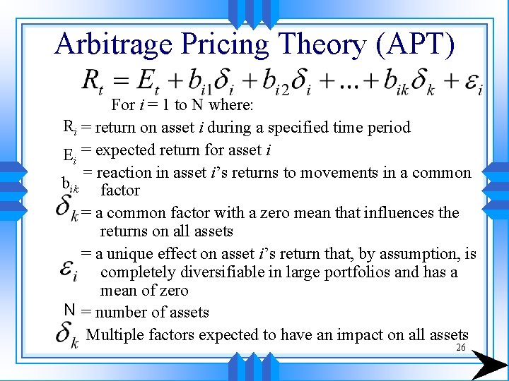 Arbitrage Pricing Theory (APT) For i = 1 to N where: Ri = return