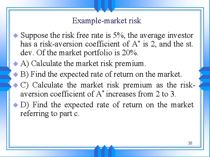Example-market risk u Suppose the risk free rate is 5%, the average investor has