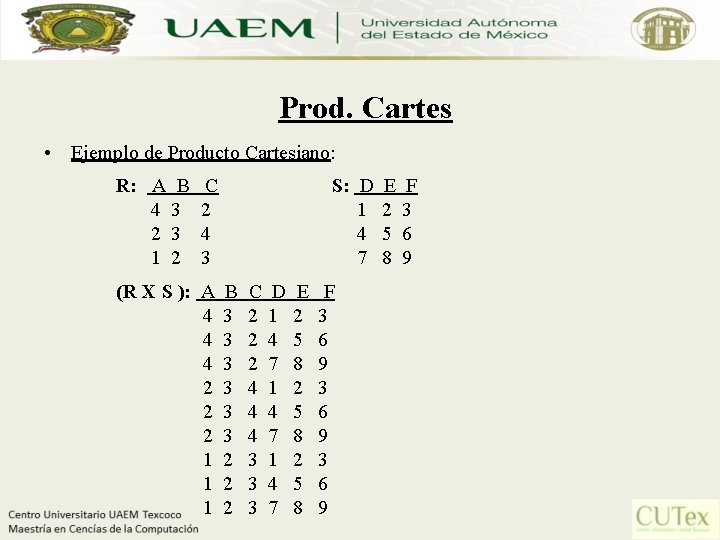 Prod. Cartes • Ejemplo de Producto Cartesiano: R: A B C 4 3 2