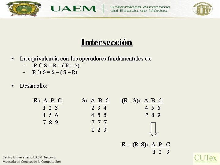 Intersección • La equivalencia con los operadores fundamentales es: – R ∩ S =