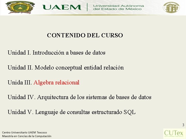 CONTENIDO DEL CURSO Unidad I. Introducción a bases de datos Unidad II. Modelo conceptual