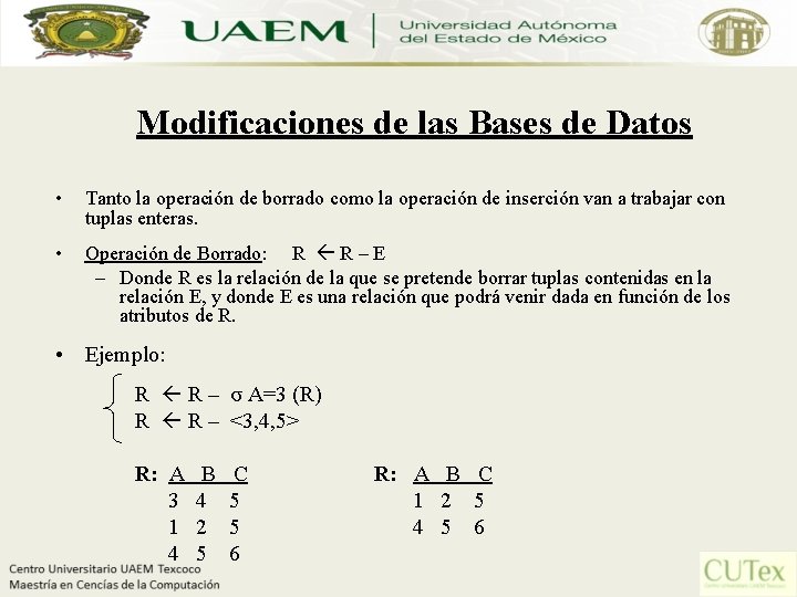 Modificaciones de las Bases de Datos • Tanto la operación de borrado como la
