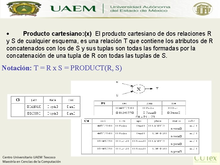 · Producto cartesiano: (x) El producto cartesiano de dos relaciones R y S de