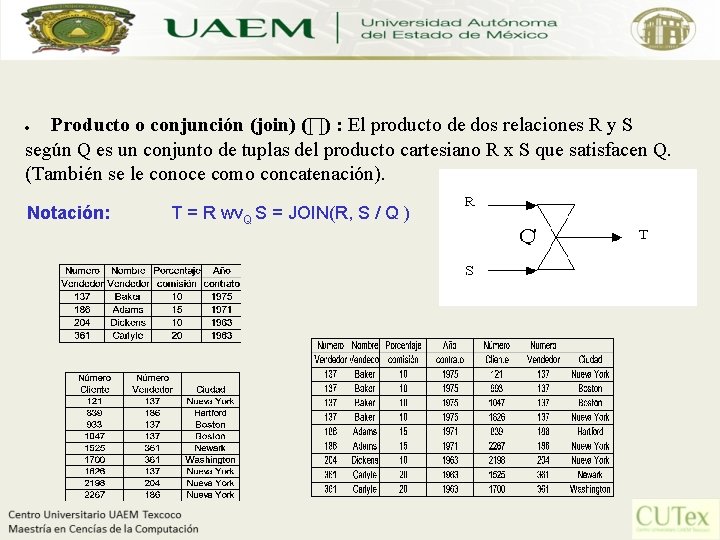  Producto o conjunción (join) (∏) : El producto de dos relaciones R y