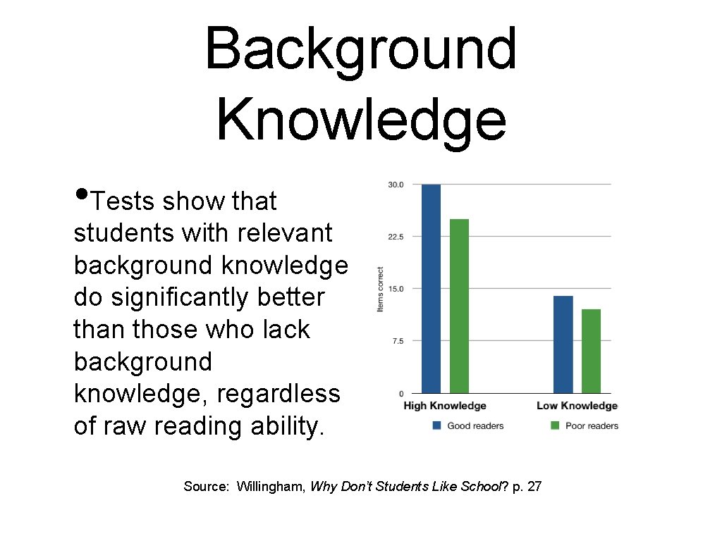 Background Knowledge • Tests show that students with relevant background knowledge do significantly better