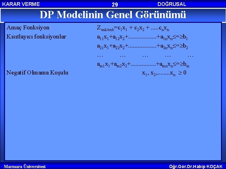 KARAR VERME 29 DOĞRUSAL PROGRAMLAMA DP Modelinin Genel Görünümü Amaç Fonksiyon Kısıtlayıcı fonksiyonlar Negatif