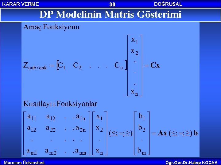 KARAR VERME 30 DOĞRUSAL PROGRAMLAMA DP Modelinin Matris Gösterimi Marmara Üniversitesi Öğr. Gör. Dr.