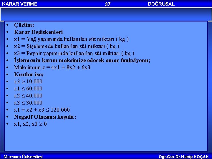 KARAR VERME • • • • 37 DOĞRUSAL PROGRAMLAMA Çözüm: Karar Değişkenleri x 1