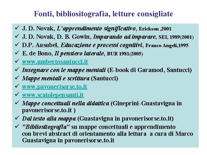 Fonti, bibliositografia, letture consigliate ü ü ü ü ü J. D. Novak, L’apprendimento significativo, Fonti, bibliositografia, letture consigliate ü ü ü ü ü J. D. Novak, L’apprendimento significativo,