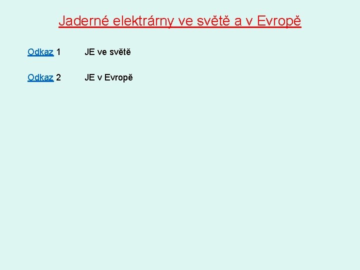 Jaderné elektrárny ve světě a v Evropě Odkaz 1 JE ve světě Odkaz 2