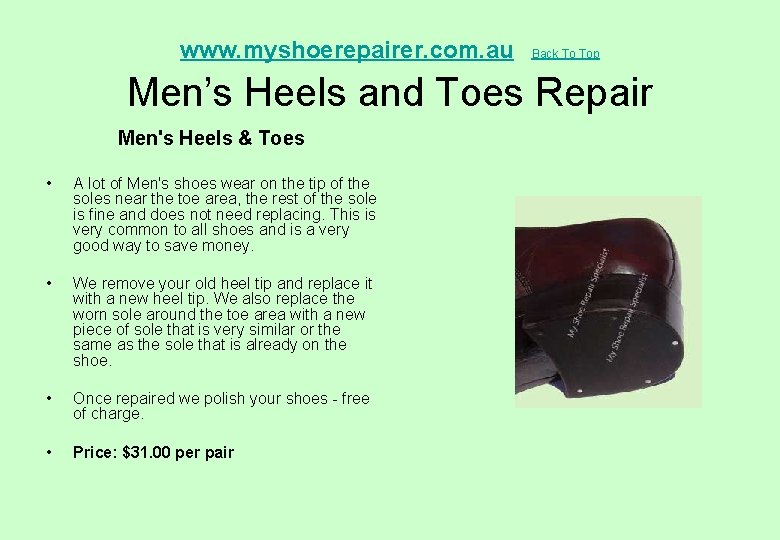  Men’s Heels and Toes Repair www. myshoerepairer. com. au Men's Heels & Toes