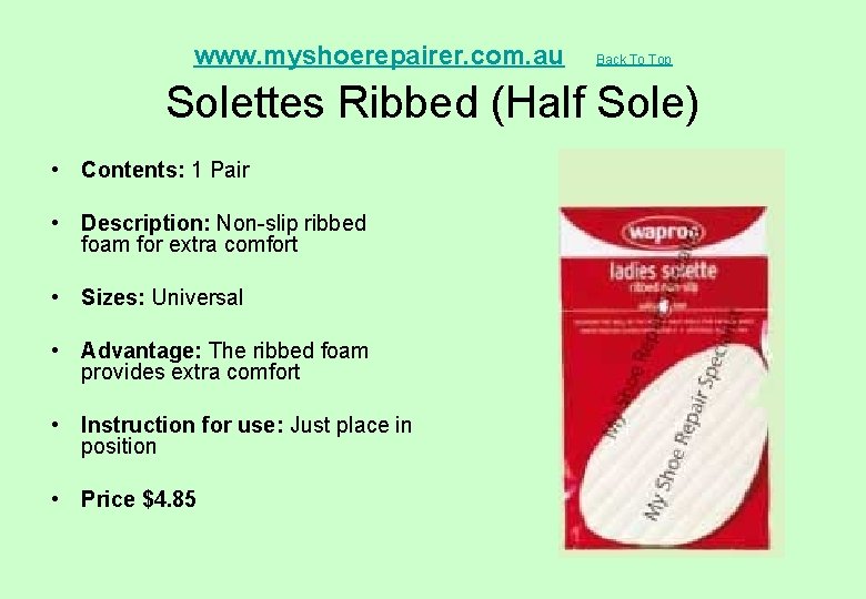  Solettes Ribbed (Half Sole) www. myshoerepairer. com. au • Contents: 1 Pair •