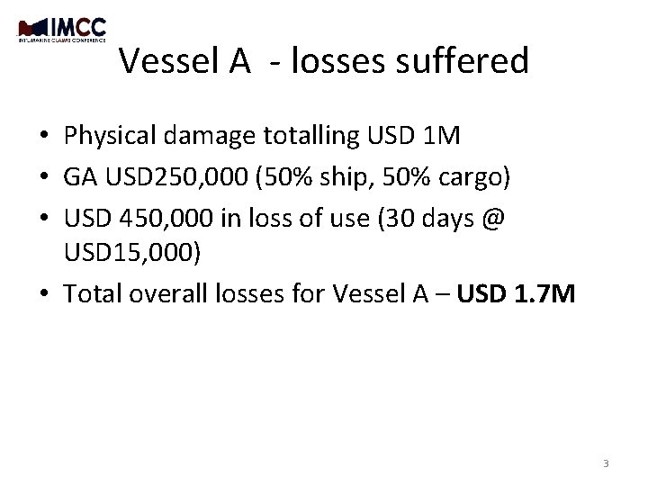Vessel A - losses suffered • Physical damage totalling USD 1 M • GA Vessel A - losses suffered • Physical damage totalling USD 1 M • GA