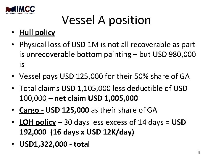 Vessel A position • Hull policy • Physical loss of USD 1 M is Vessel A position • Hull policy • Physical loss of USD 1 M is