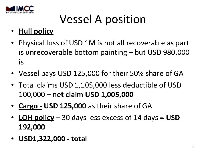 Vessel A position • Hull policy • Physical loss of USD 1 M is Vessel A position • Hull policy • Physical loss of USD 1 M is