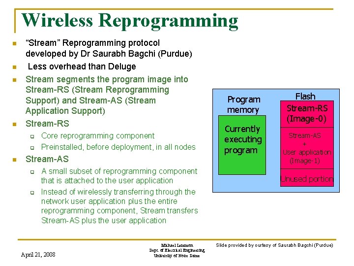 Wireless Reprogramming n n “Stream” Reprogramming protocol developed by Dr Saurabh Bagchi (Purdue) Less