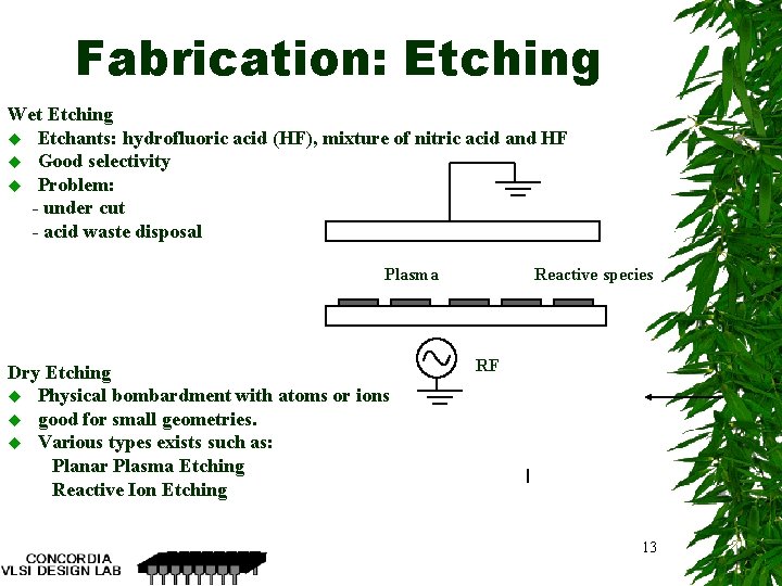 Fabrication: Etching Wet Etching u Etchants: hydrofluoric acid (HF), mixture of nitric acid and