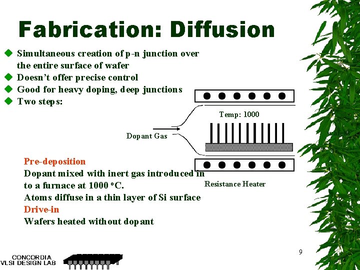 Fabrication: Diffusion u Simultaneous creation of p-n junction over the entire surface of wafer