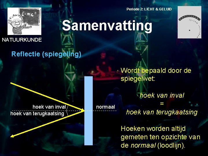 Periode 2: LICHT & GELUID Samenvatting NATUURKUNDE Reflectie (spiegeling) Wordt bepaald door de spiegelwet: