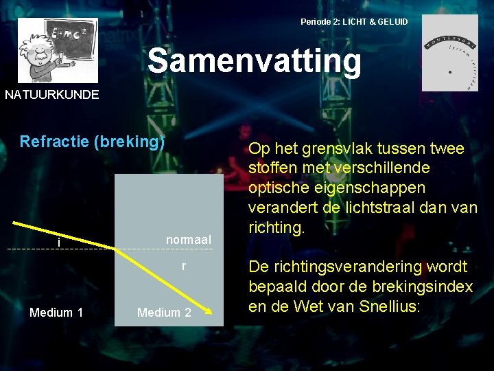 Periode 2: LICHT & GELUID Samenvatting NATUURKUNDE Refractie (breking) i normaal r Medium 1