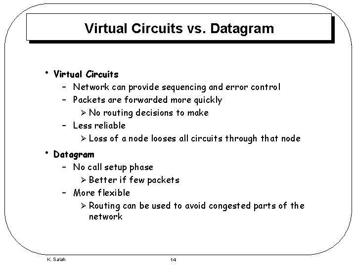 Virtual Circuits vs. Datagram • • Virtual Circuits – Network can provide sequencing and
