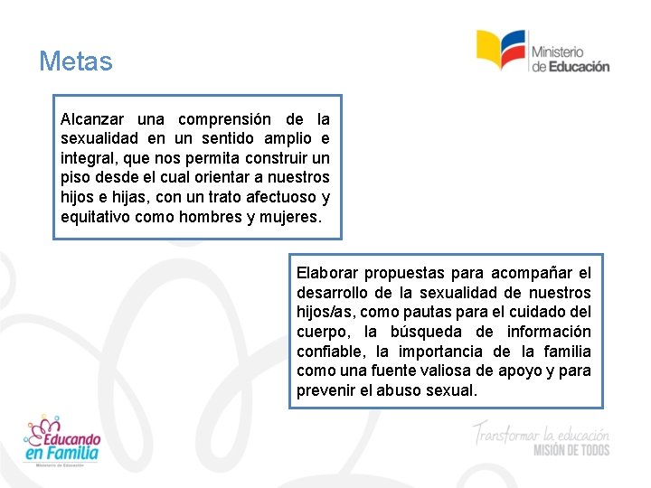 Metas Alcanzar una comprensión de la sexualidad en un sentido amplio e integral, que