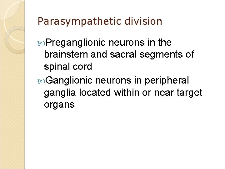 Parasympathetic division Preganglionic neurons in the brainstem and sacral segments of spinal cord Ganglionic