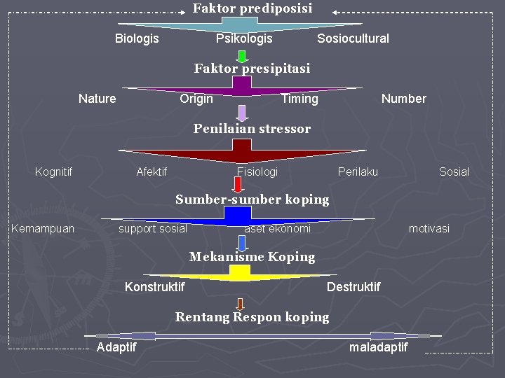 Faktor prediposisi Biologis Psikologis Sosiocultural Faktor presipitasi Nature Origin Timing Number Penilaian stressor Kognitif