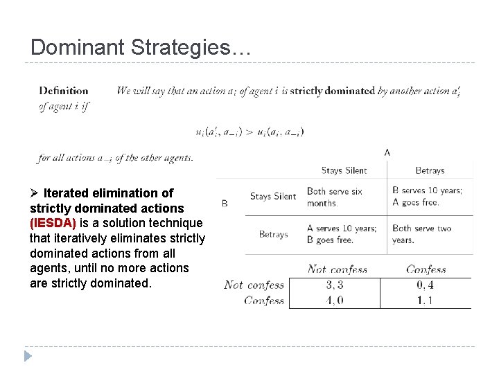 Dominant Strategies… Ø Iterated elimination of strictly dominated actions (IESDA) is a solution technique