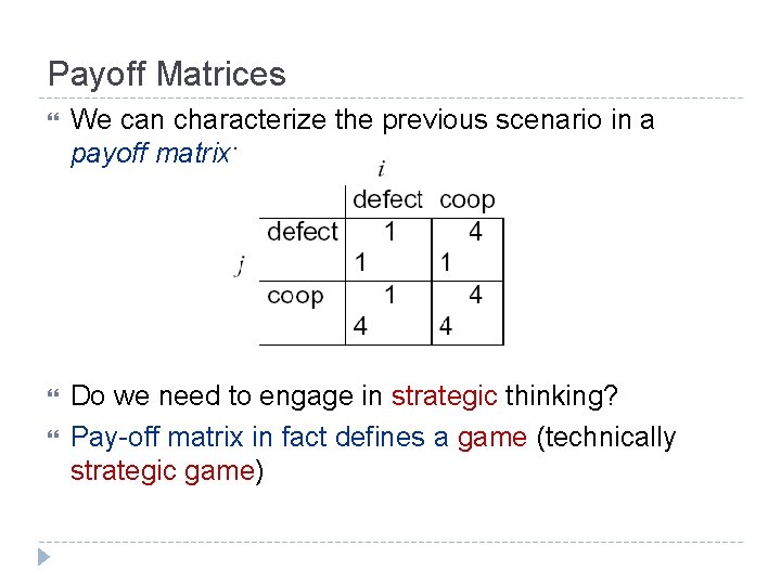 Payoff Matrices We can characterize the previous scenario in a payoff matrix: Do we