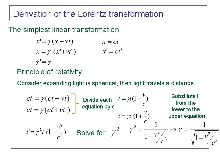 Derivation of the Lorentz transformation The simplest linear transformation Principle of relativity Consider expanding