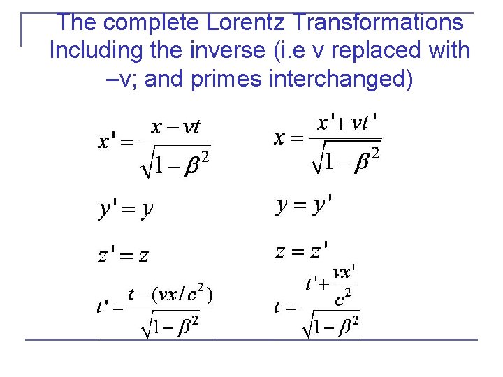 The complete Lorentz Transformations Including the inverse (i. e v replaced with –v; and