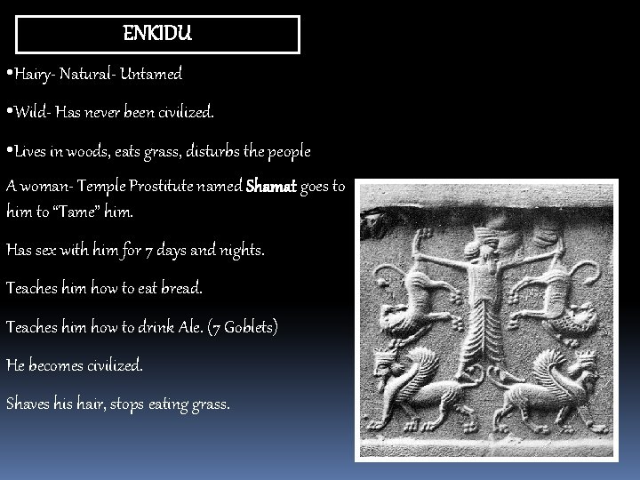 ENKIDU • Hairy- Natural- Untamed • Wild- Has never been civilized. • Lives in