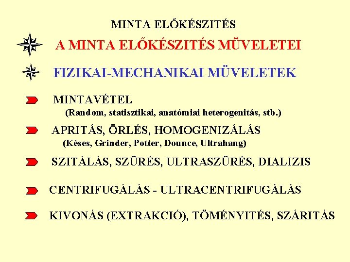 MINTA ELŐKÉSZITÉS A MINTA ELŐKÉSZITÉS MÜVELETEI FIZIKAI-MECHANIKAI MÜVELETEK MINTAVÉTEL (Random, statisztikai, anatómiai heterogenitás, stb.