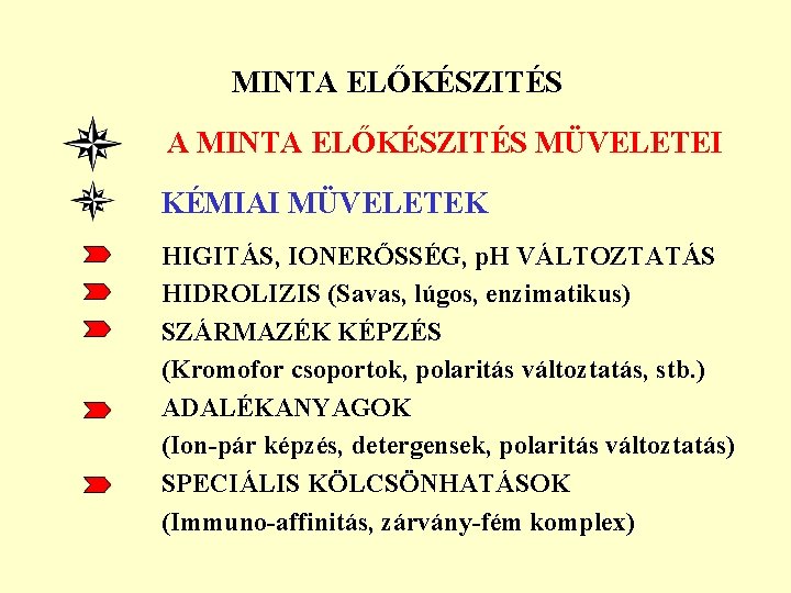 MINTA ELŐKÉSZITÉS A MINTA ELŐKÉSZITÉS MÜVELETEI KÉMIAI MÜVELETEK HIGITÁS, IONERŐSSÉG, p. H VÁLTOZTATÁS HIDROLIZIS