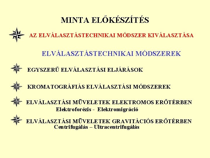 MINTA ELŐKÉSZÍTÉS AZ ELVÁLASZTÁSTECHNIKAI MÓDSZER KIVÁLASZTÁSA ELVÁLASZTÁSTECHNIKAI MÓDSZEREK EGYSZERŰ ELVÁLASZTÁSI ELJÁRÁSOK KROMATOGRÁFIÁS ELVÁLASZTÁSI MÓDSZEREK