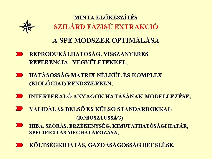 MINTA ELŐKÉSZÍTÉS SZILÁRD FÁZISÚ EXTRAKCIÓ A SPE MÓDSZER OPTIMÁLÁSA REPRODUKÁLHATÓSÁG, VISSZANYERÉS REFERENCIA VEGYÜLETEKKEL, HATÁSOSSÁG