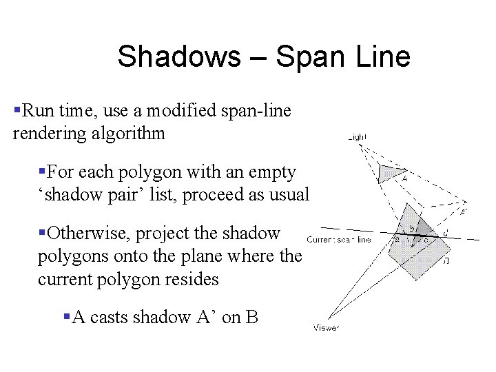 Shadows – Span Line §Run time, use a modified span-line rendering algorithm §For each