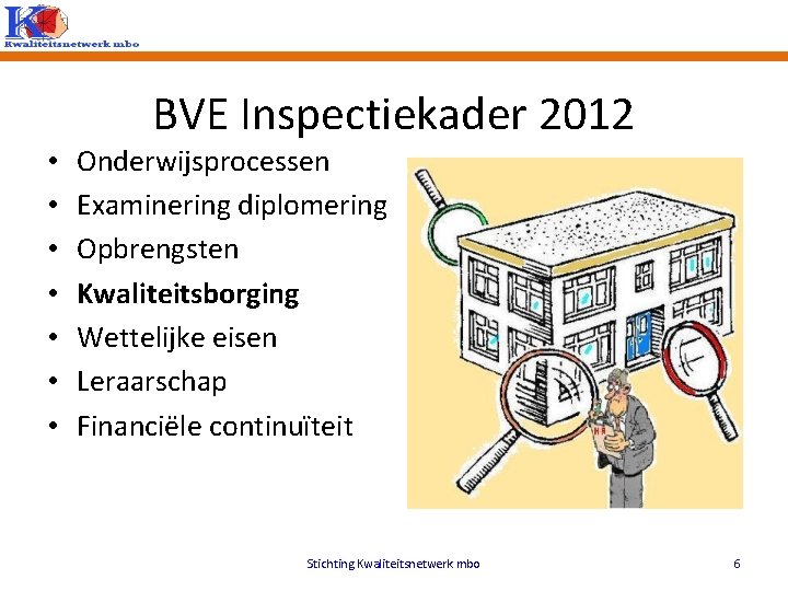BVE Inspectiekader 2012 • • Onderwijsprocessen Examinering diplomering Opbrengsten Kwaliteitsborging Wettelijke eisen Leraarschap Financiële