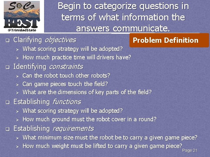 Begin to categorize questions in terms of what information the answers communicate. q Clarifying Begin to categorize questions in terms of what information the answers communicate. q Clarifying