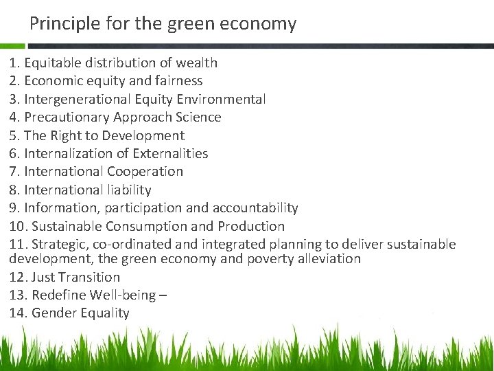 Principle for the green economy 1. Equitable distribution of wealth 2. Economic equity and